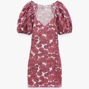 Zara Smocked Bodycon Mini Dress Puff-Sleeve Women’s Small Floral Pink